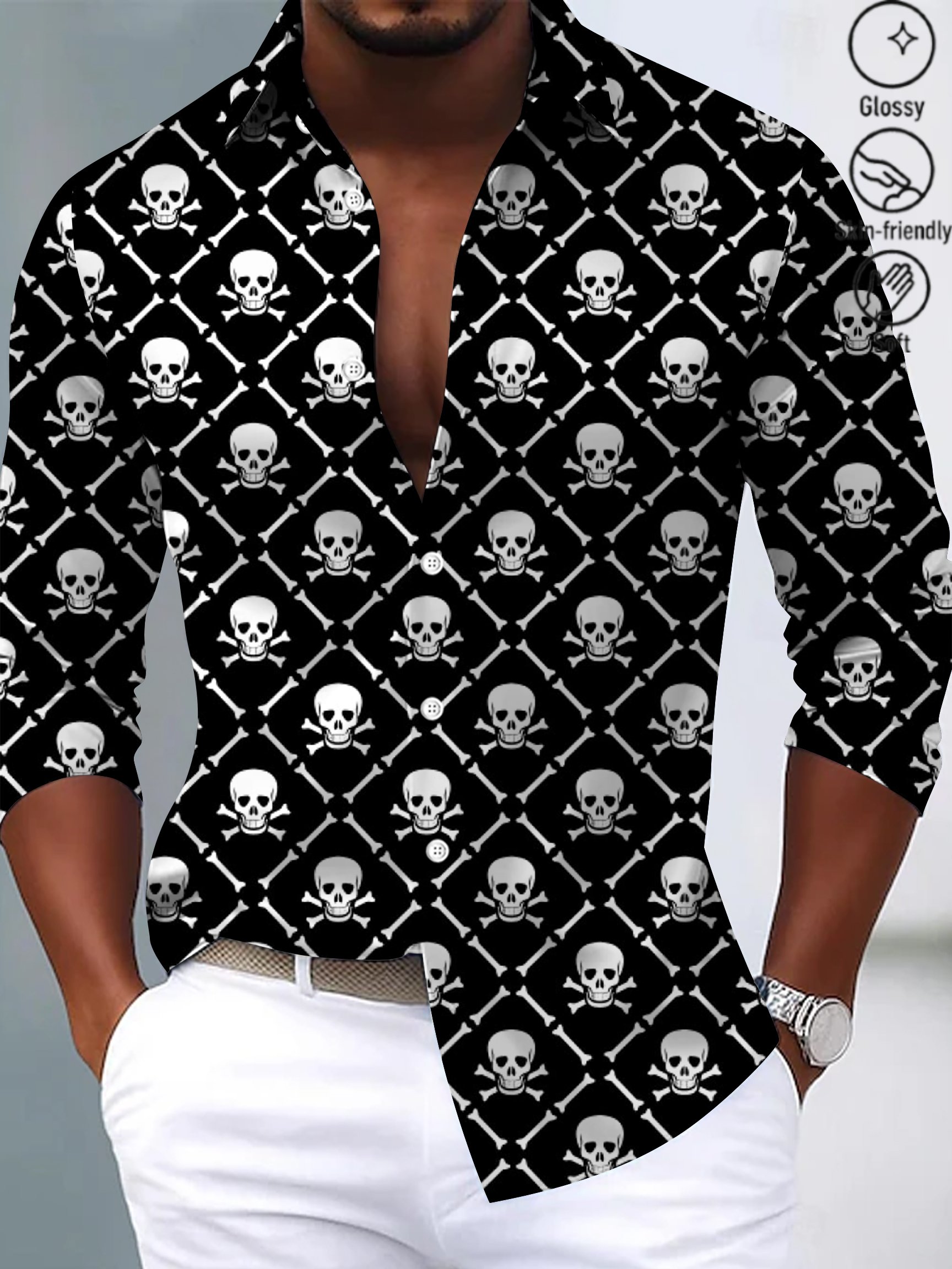 Royaura® Vintage Skull Print Men's Fashion Satin Button Long Sleeve Shirt Big & Tall