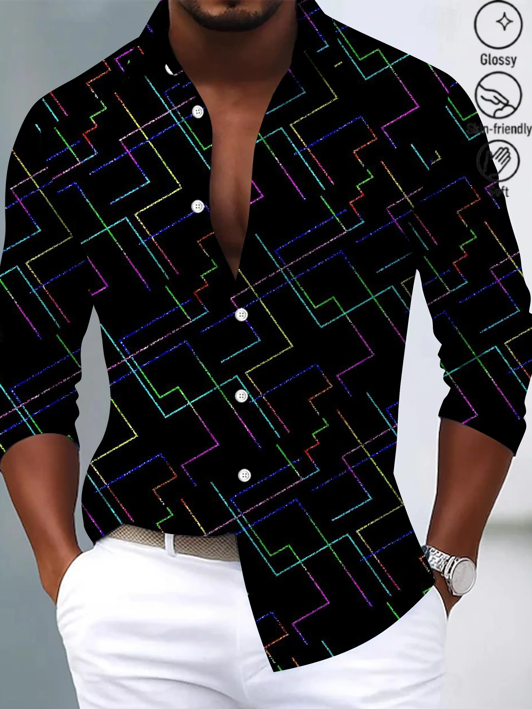 Royaura® Retro Geometric Stripe Print Men's Fashion Satin Button Long Sleeve Shirt Big & Tall
