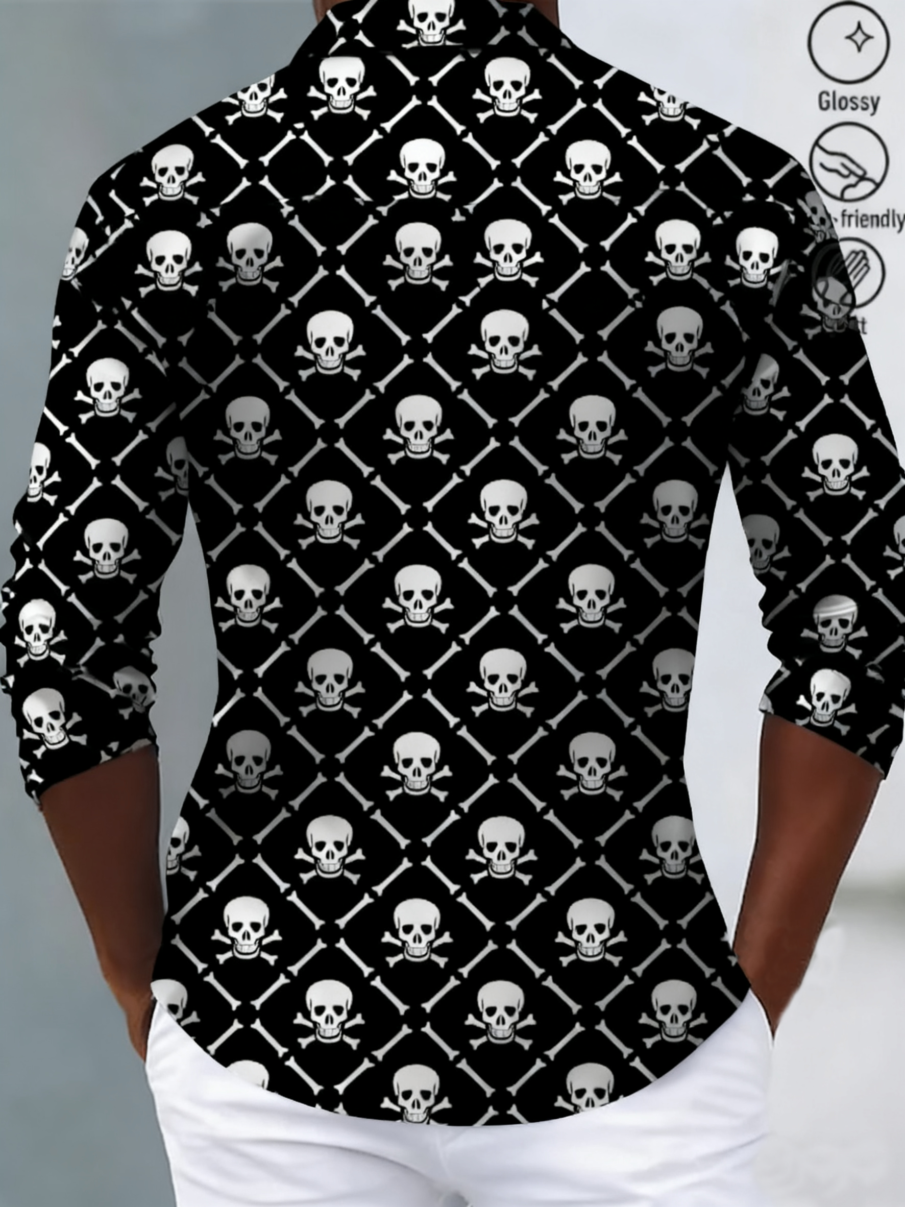Royaura® Vintage Skull Print Men's Fashion Satin Button Long Sleeve Shirt Big & Tall