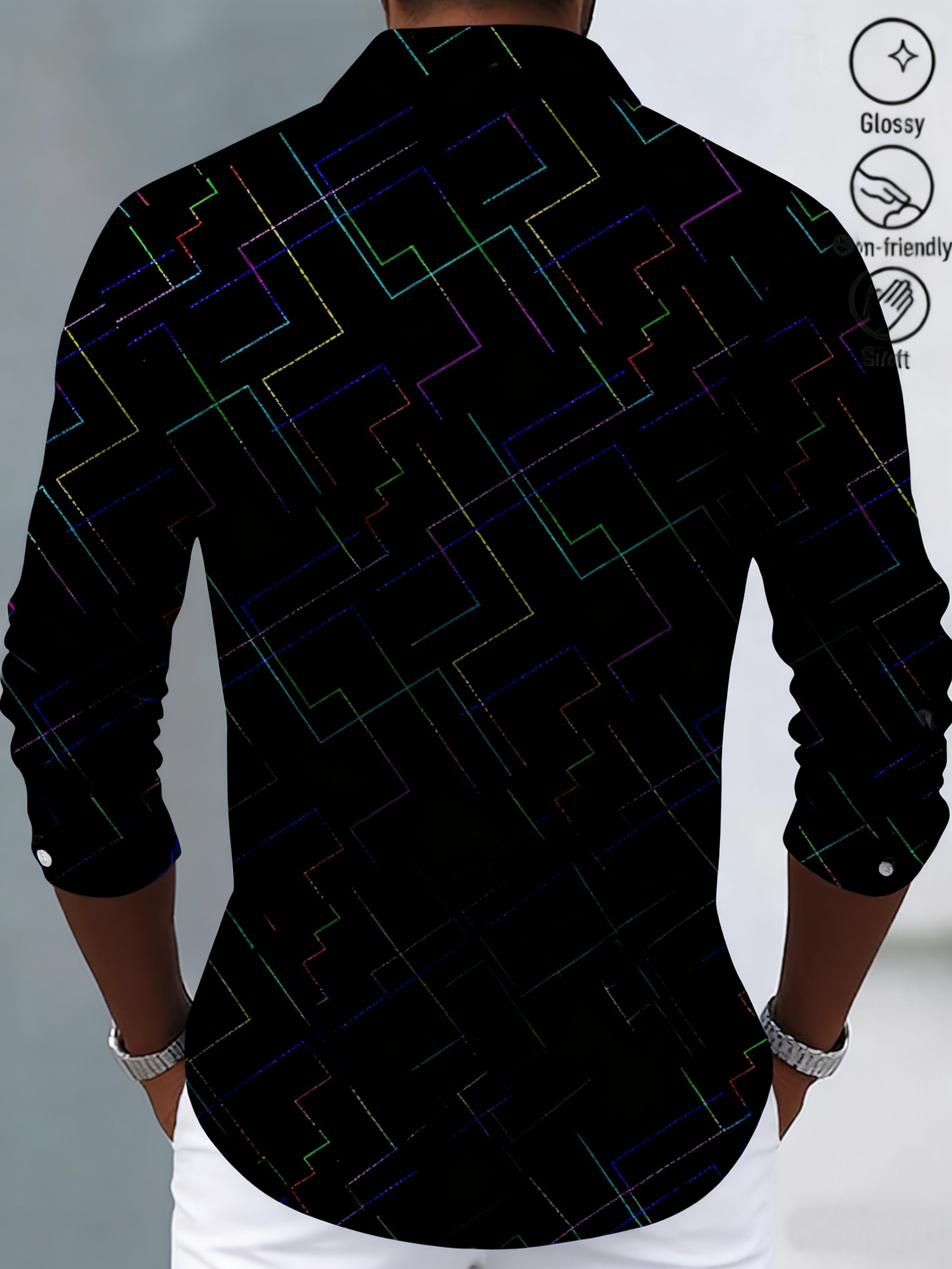 Royaura® Retro Geometric Stripe Print Men's Fashion Satin Button Long Sleeve Shirt Big & Tall