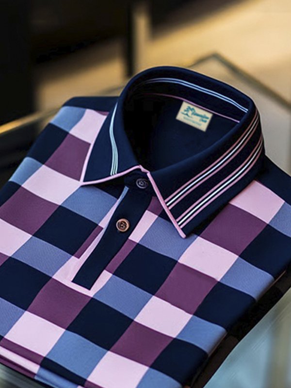 Royaura® Men's Retro Checkerboard Print Lapel Short Sleeve Polo Shirt Big & Tall