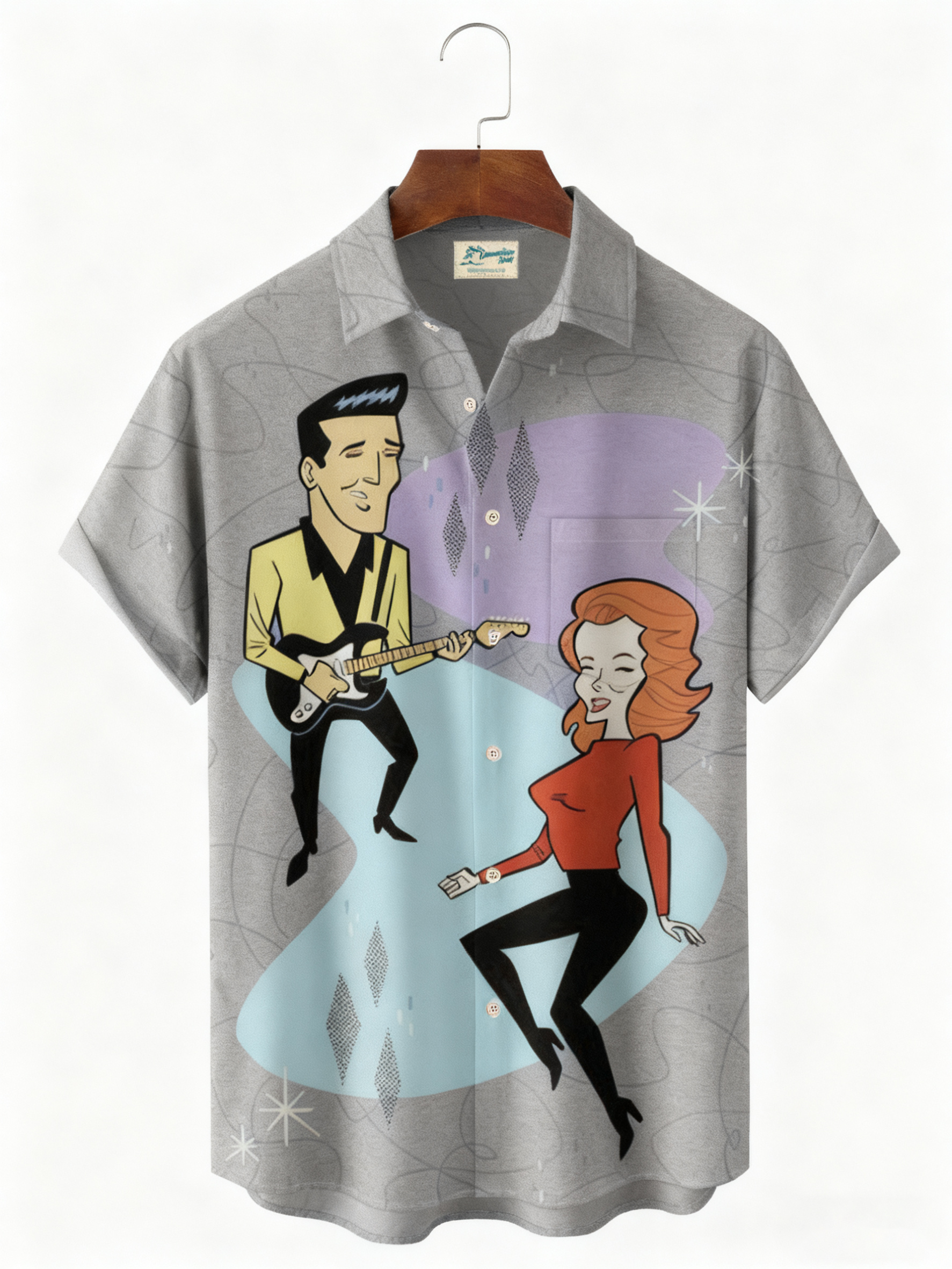 Royaura® Men's Retro Music Print Button Pocket Short Sleeve Shirt Big & Tall