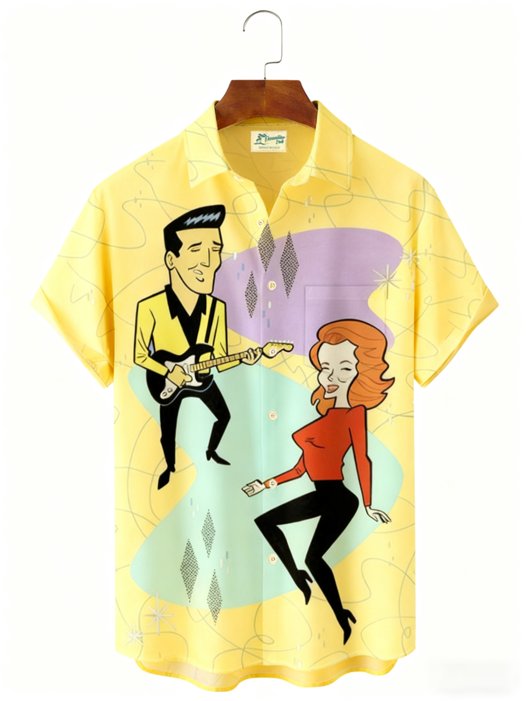 Royaura® Men's Retro Music Print Button Pocket Short Sleeve Shirt Big & Tall