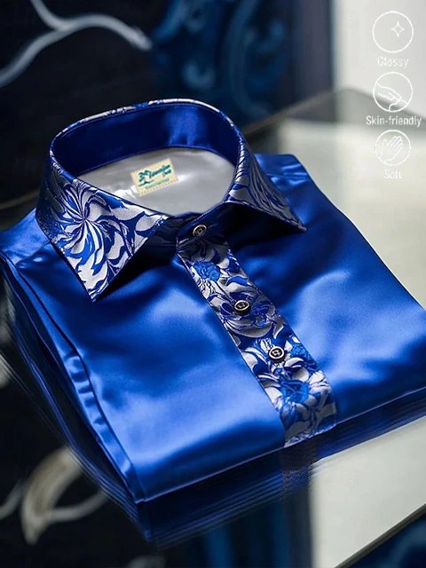 Royaura® Satin Glossy Print Men's Button Pocket Satin Long-Sleeve Dress Shirt Big & Tall