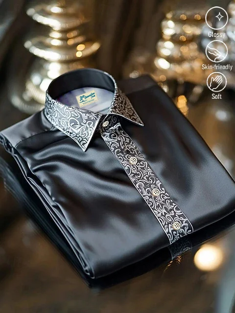 Royaura® Satin Glossy Print Men's Button Pocket Satin Long-Sleeve Dress Shirt Big & Tall