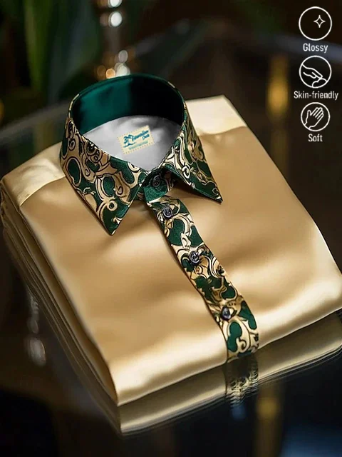 Royaura® Satin Glossy Print Men's Button Pocket Satin Long-Sleeve Dress Shirt Big & Tall