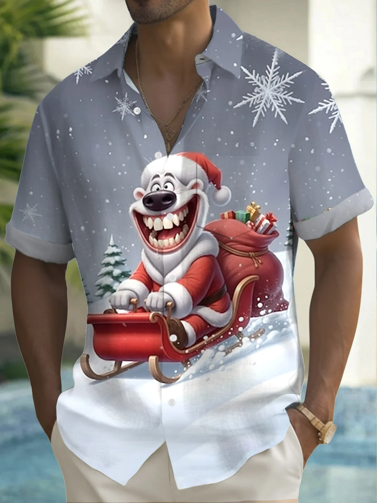 Royaura® Christmas Funny Cartoon Print Men's Button Pocket Short Sleeve Shirt Big & Tall