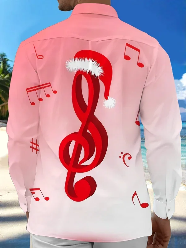 Royaura® Vintage Christmas Music Note Gradient Print Men's Button Pocket Long Sleeve Shirt Big & Tall