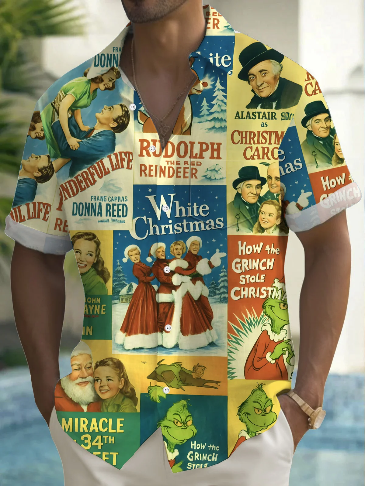Royaura® Christmas Movie Print Men's Button Pocket Short Sleeve Shirt Big & Tall