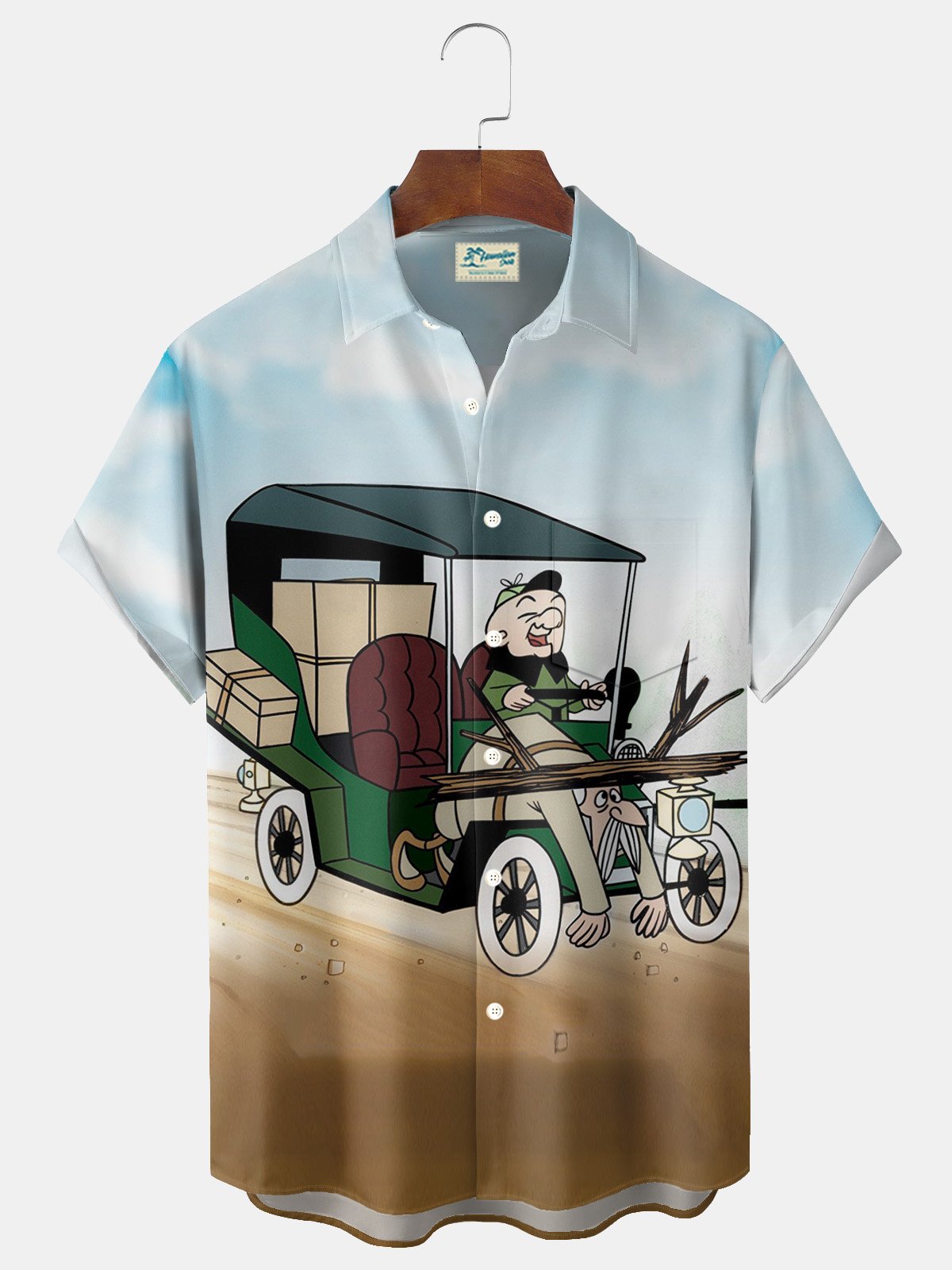 Royaura® Retro Cartoon Car Print Men's Button Pocket Short Sleeve Shirt Big & Tall