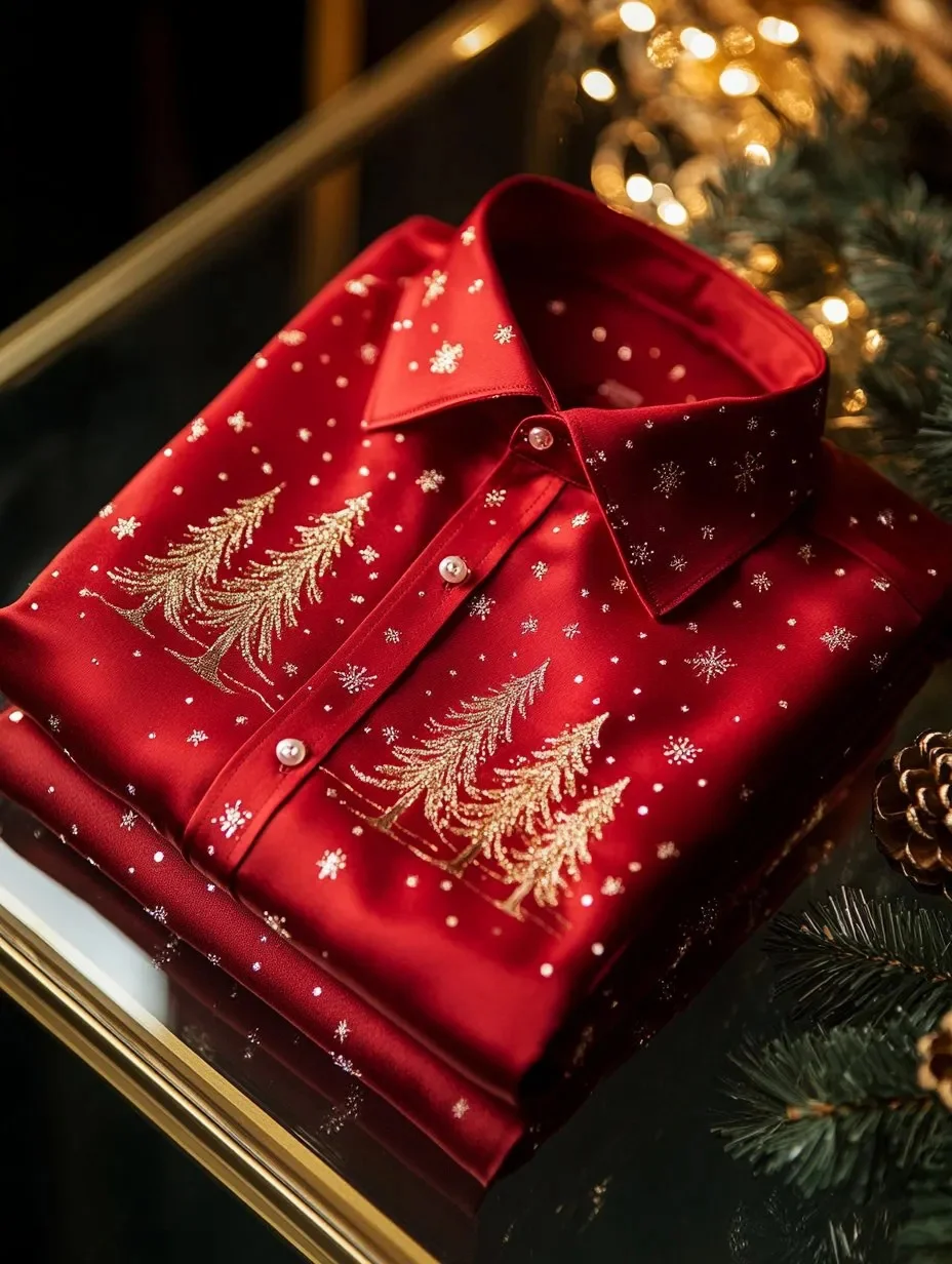 Royaura® Christmas Tree Glossy Print Men's Button Pocket Satin Long-Sleeve Dress Shirt Big & Tall