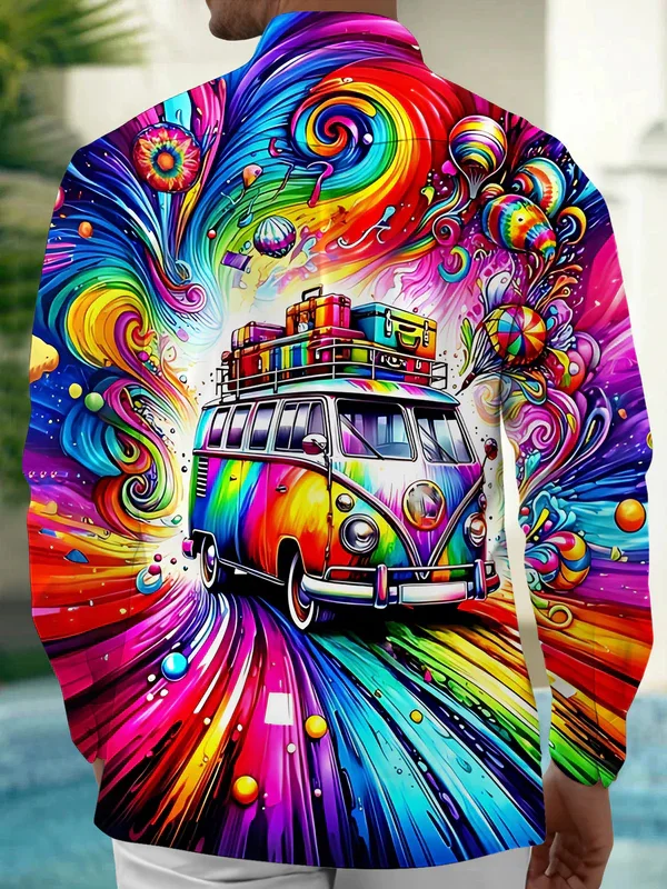 Royaura® Vintage Gradient Art Car Print Men's Button Pocket Long Sleeve Shirt Big & Tall