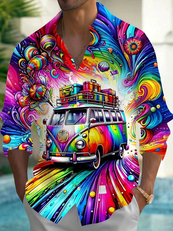 Royaura® Vintage Gradient Art Car Print Men's Button Pocket Long Sleeve Shirt Big & Tall