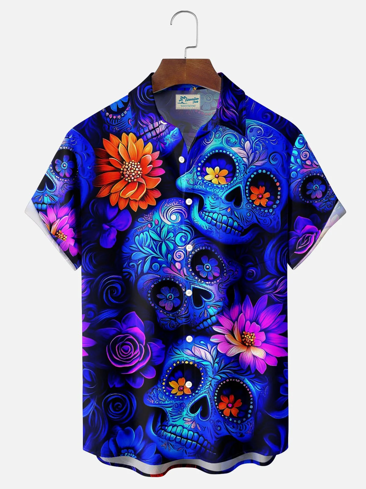 Royaura® Skull Print Men's Button Pocket Short-Sleeve Shirt Big & Tall