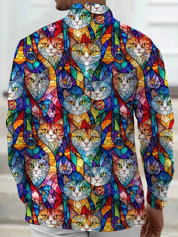 Royaura® Retro Gradient Art Cat Print Men's Button Pocket Long-Sleeve Shirt Big & Tall