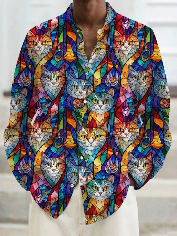 Royaura® Retro Gradient Art Cat Print Men's Button Pocket Long-Sleeve Shirt Big & Tall