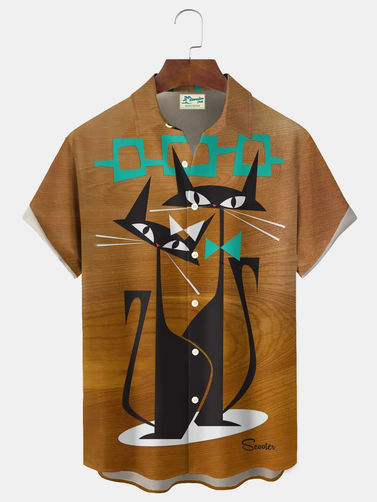 Royaura® Geometric Cat Print Men's Button Pocket Short-Sleeve Shirt Big & Tall