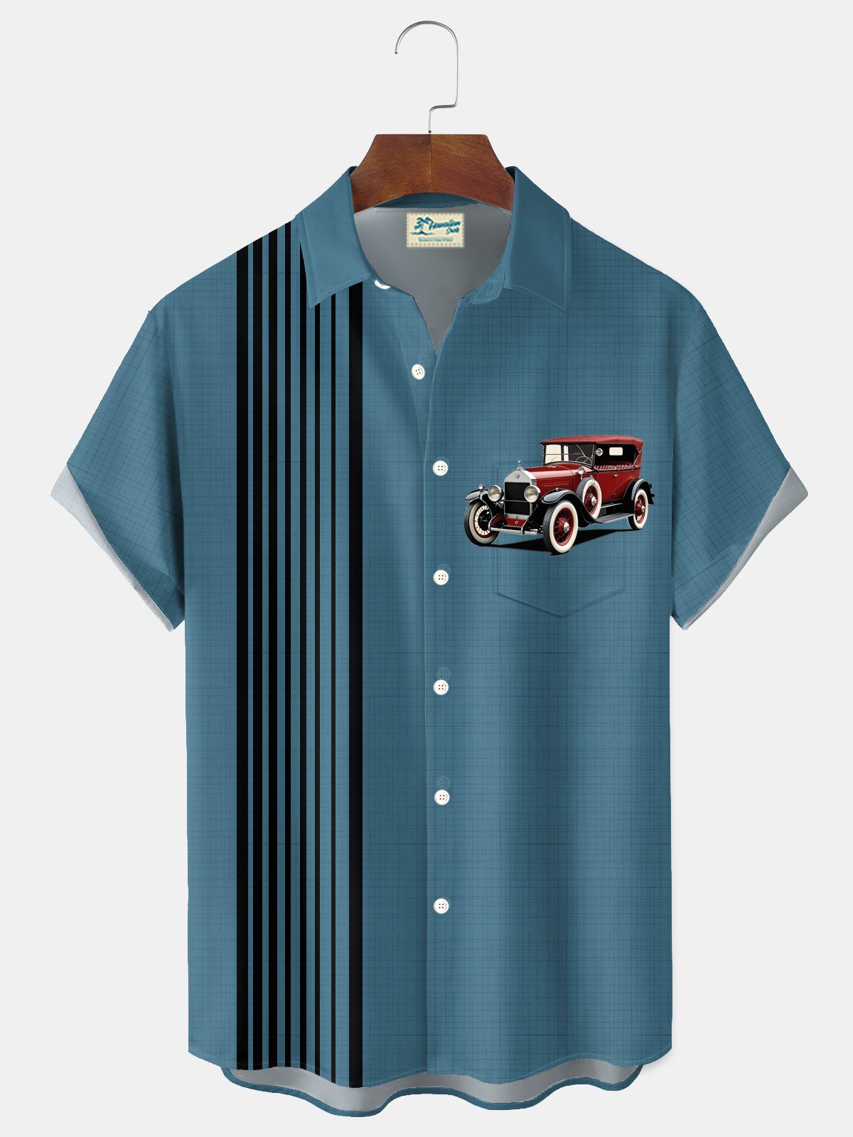 Royaura® Retro Classic Car Striped Bowling Print Men's Button Pocket Short-Sleeve Shirt Big & Tall