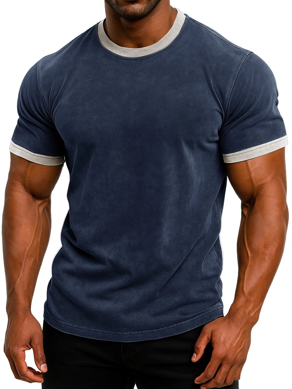 Royaura® Retro Basic Solid Color Washed Print Men's Color Block Crew Neck T-Shirt Big & Tall