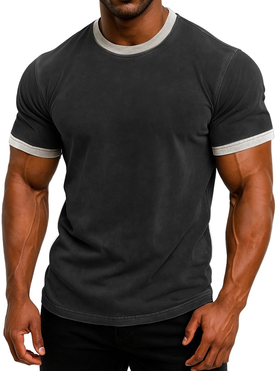 Royaura® Retro Basic Solid Color Washed Print Men's Color Block Crew Neck T-Shirt Big & Tall