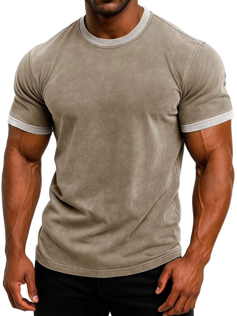 Royaura® Retro Basic Solid Color Washed Print Men's Color Block Crew Neck T-Shirt Big & Tall