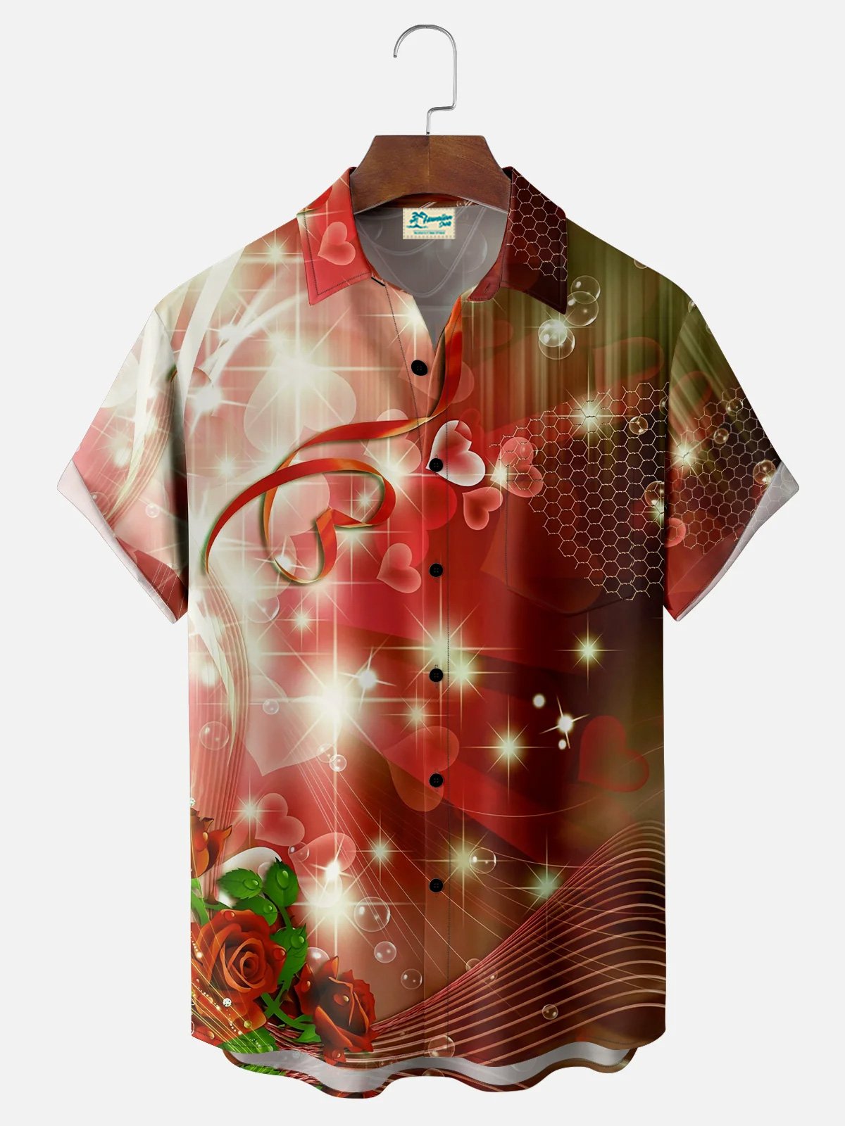 Royaura® Retro Valentine's Day Print Men's Button Pocket Short Sleeve Shirt Big & Tall