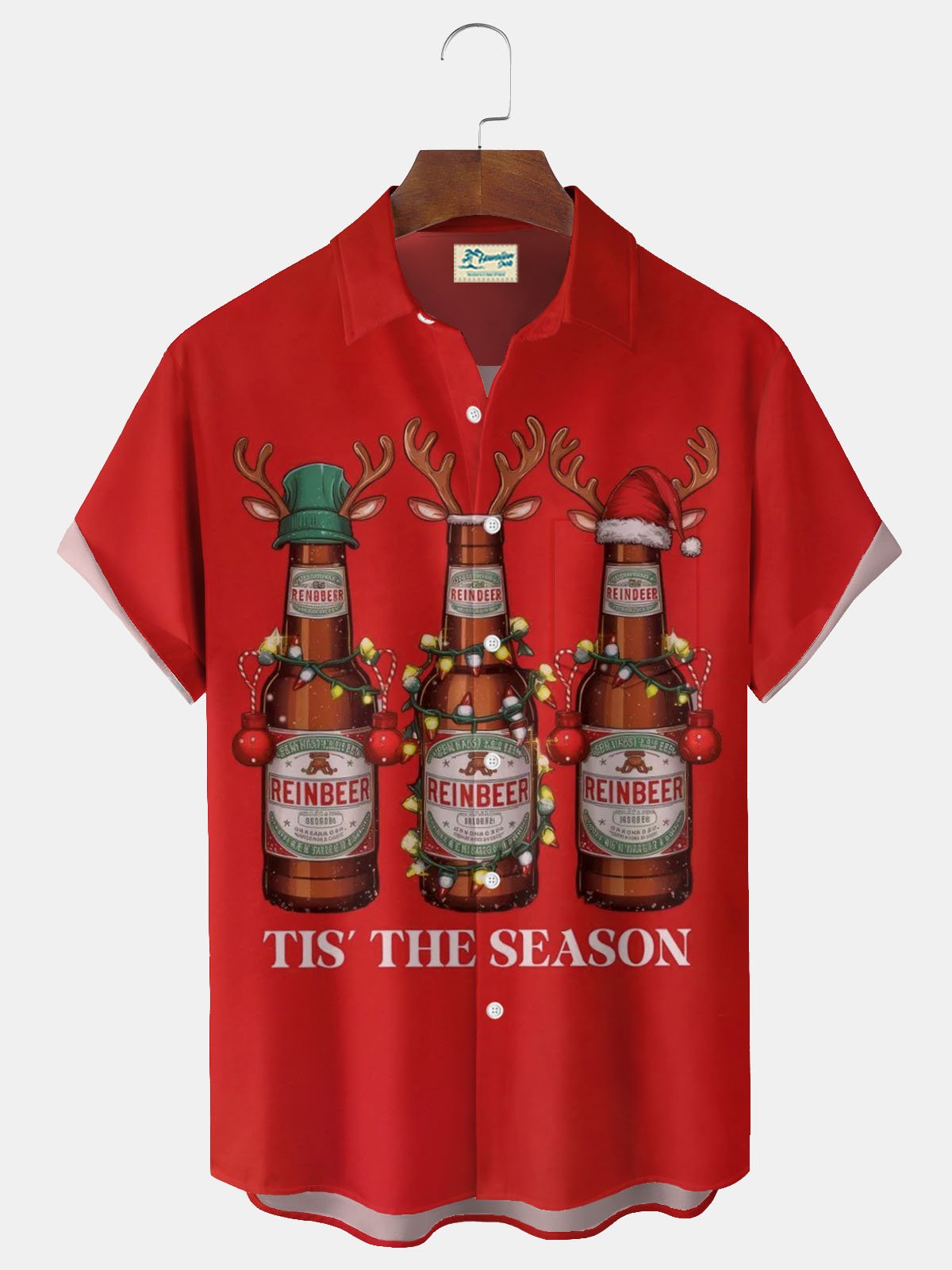 Royaura® Christmas Beer Print Men's Button Pocket Short-Sleeve Shirt Big & Tall