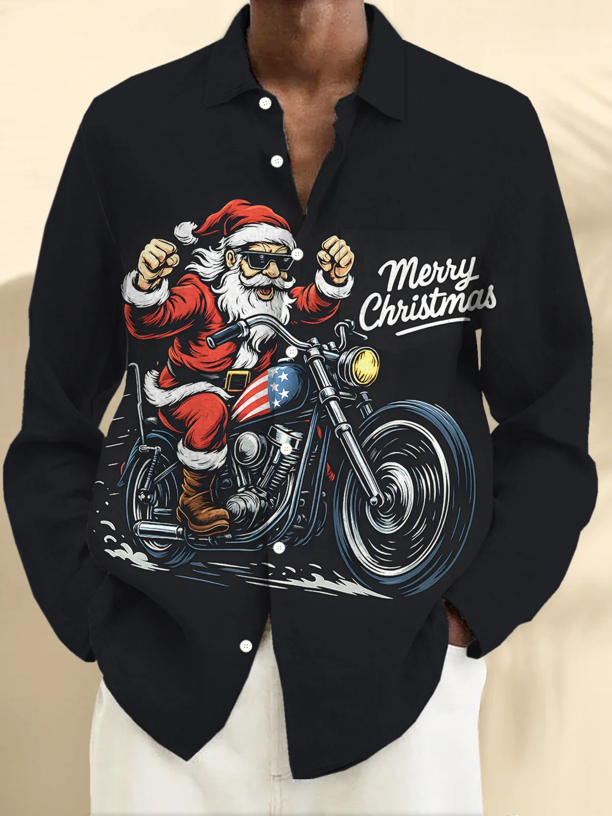 Royaura® Christmas Santa Claus Riding A Motorcycle Print Men's Button-Down Pocket Long-Sleeved Shirt Big & Tall
