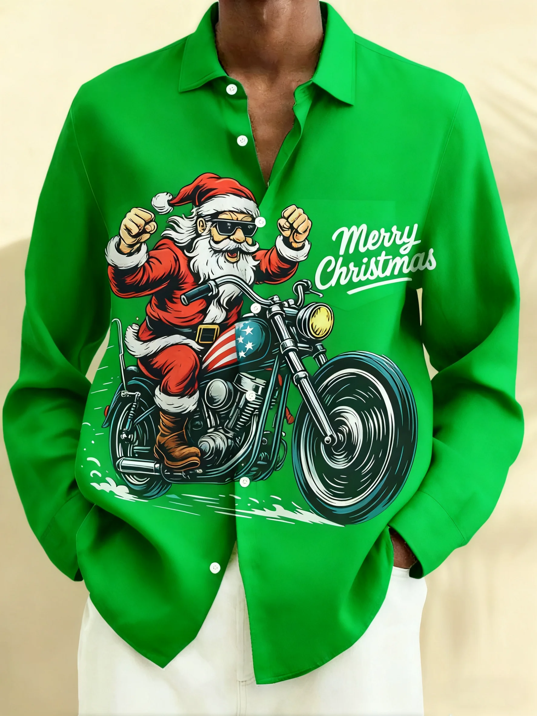 Royaura® Christmas Santa Claus Riding A Motorcycle Print Men's Button-Down Pocket Long-Sleeved Shirt Big & Tall