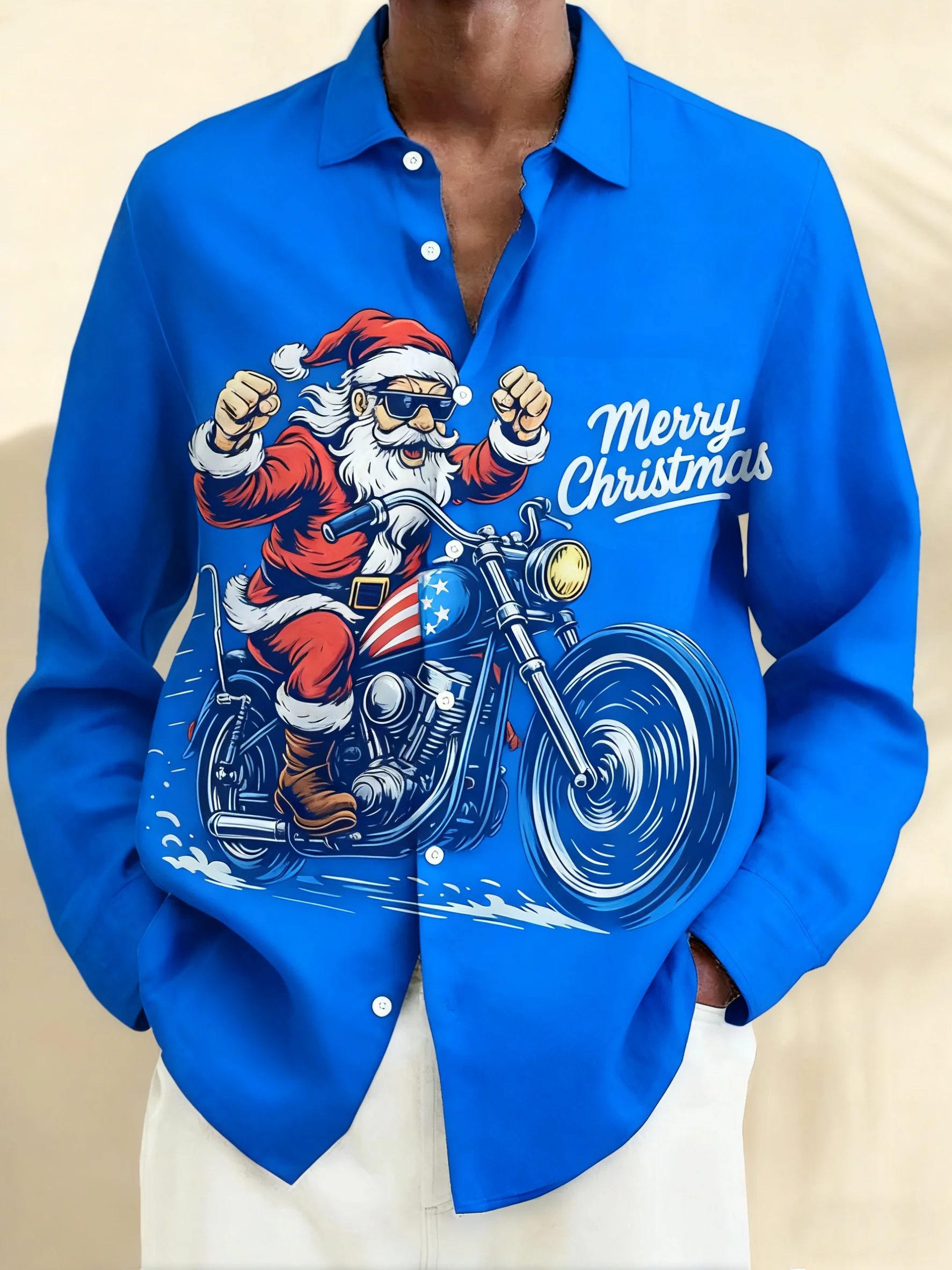 Royaura® Christmas Santa Claus Riding A Motorcycle Print Men's Button-Down Pocket Long-Sleeved Shirt Big & Tall
