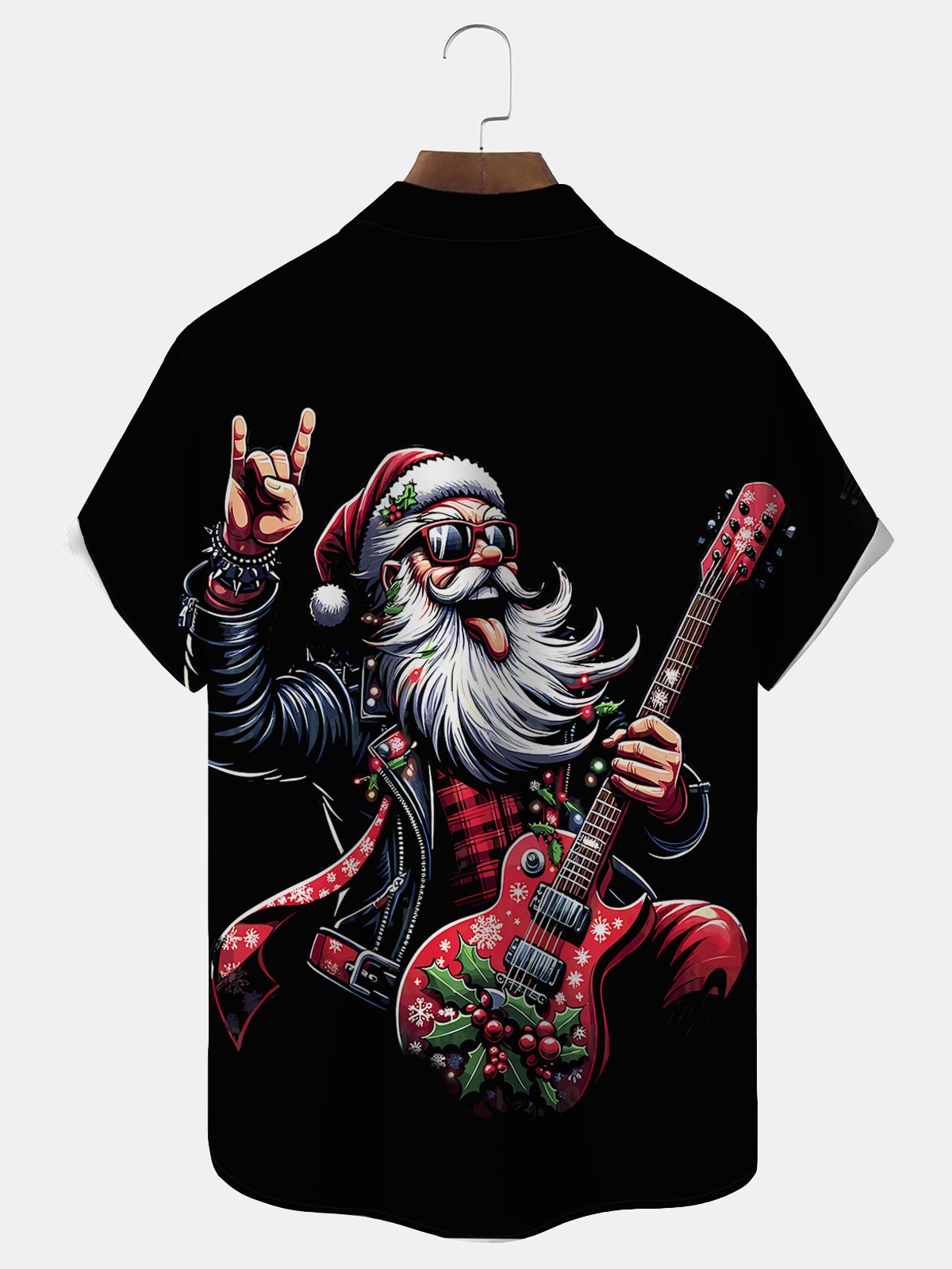 Royaura® Santa Claus Guitar Print Men's Button Pocket Short-Sleeve Shirt Big & Tall