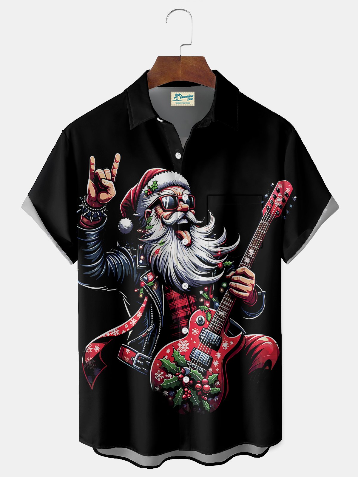 Royaura® Santa Claus Guitar Print Men's Button Pocket Short-Sleeve Shirt Big & Tall