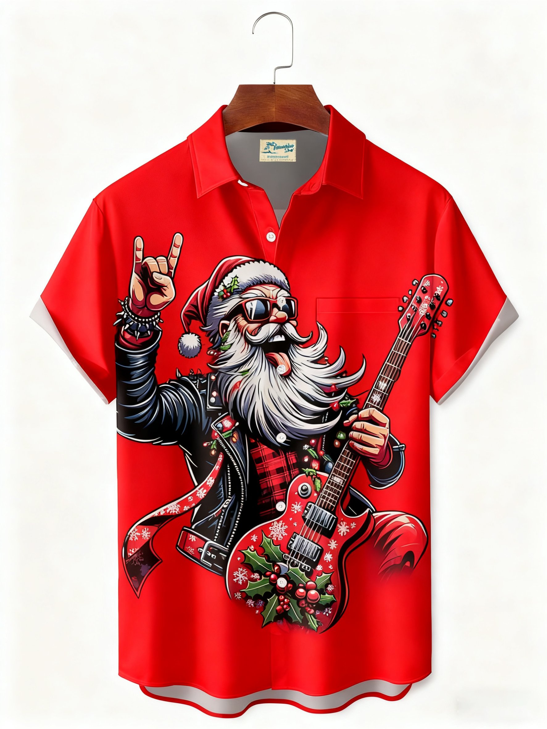 Royaura® Santa Claus Guitar Print Men's Button Pocket Short-Sleeve Shirt Big & Tall
