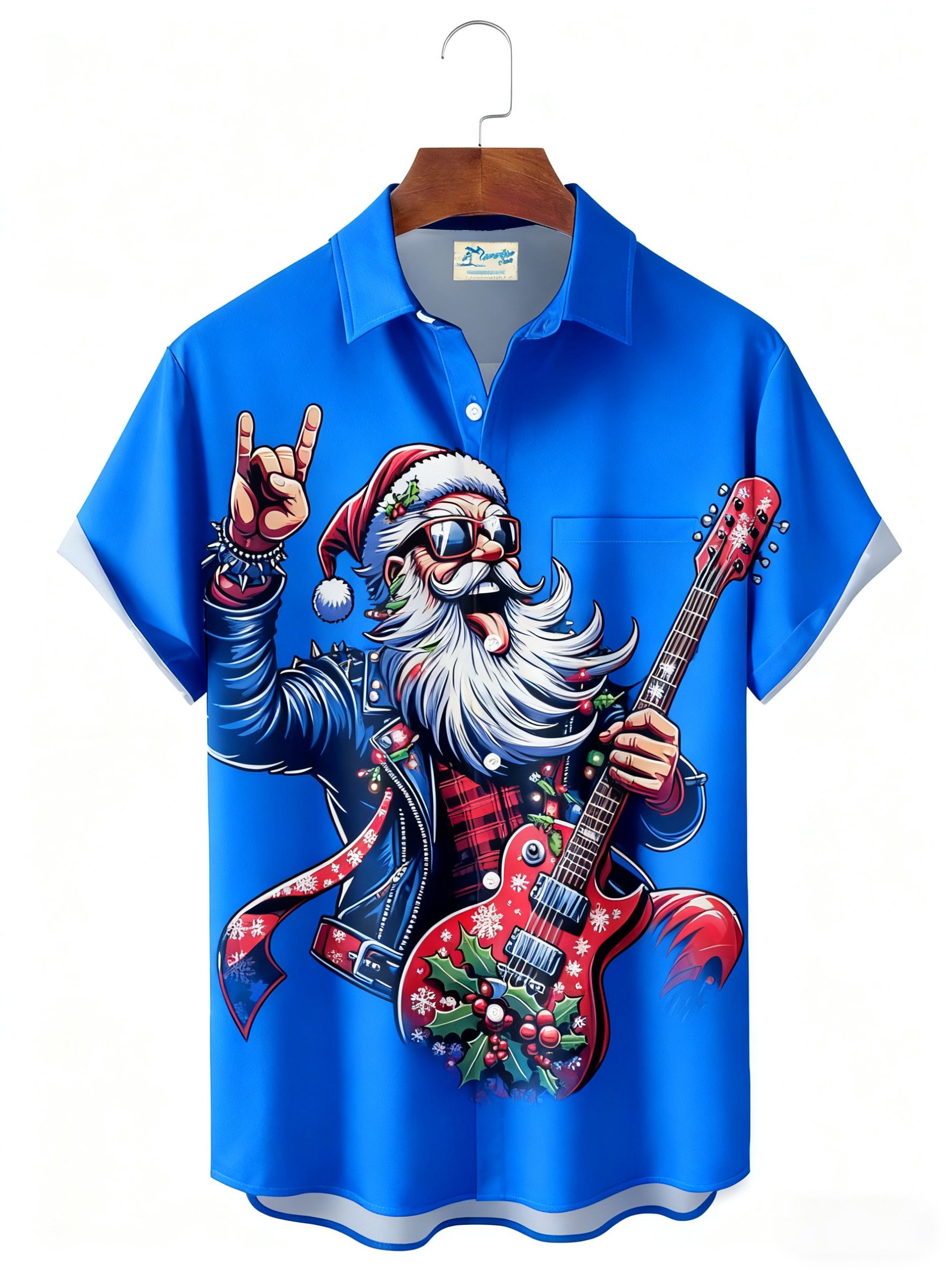 Royaura® Santa Claus Guitar Print Men's Button Pocket Short-Sleeve Shirt Big & Tall