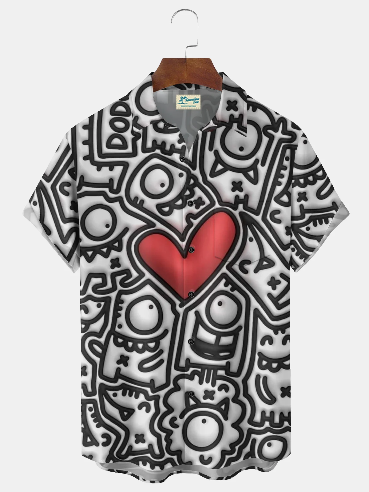 Royaura® Geometric Heart Print Men's Short-Sleeve Hawaiian Shirt with Button Pockets for Valentine's Day Big & Tall