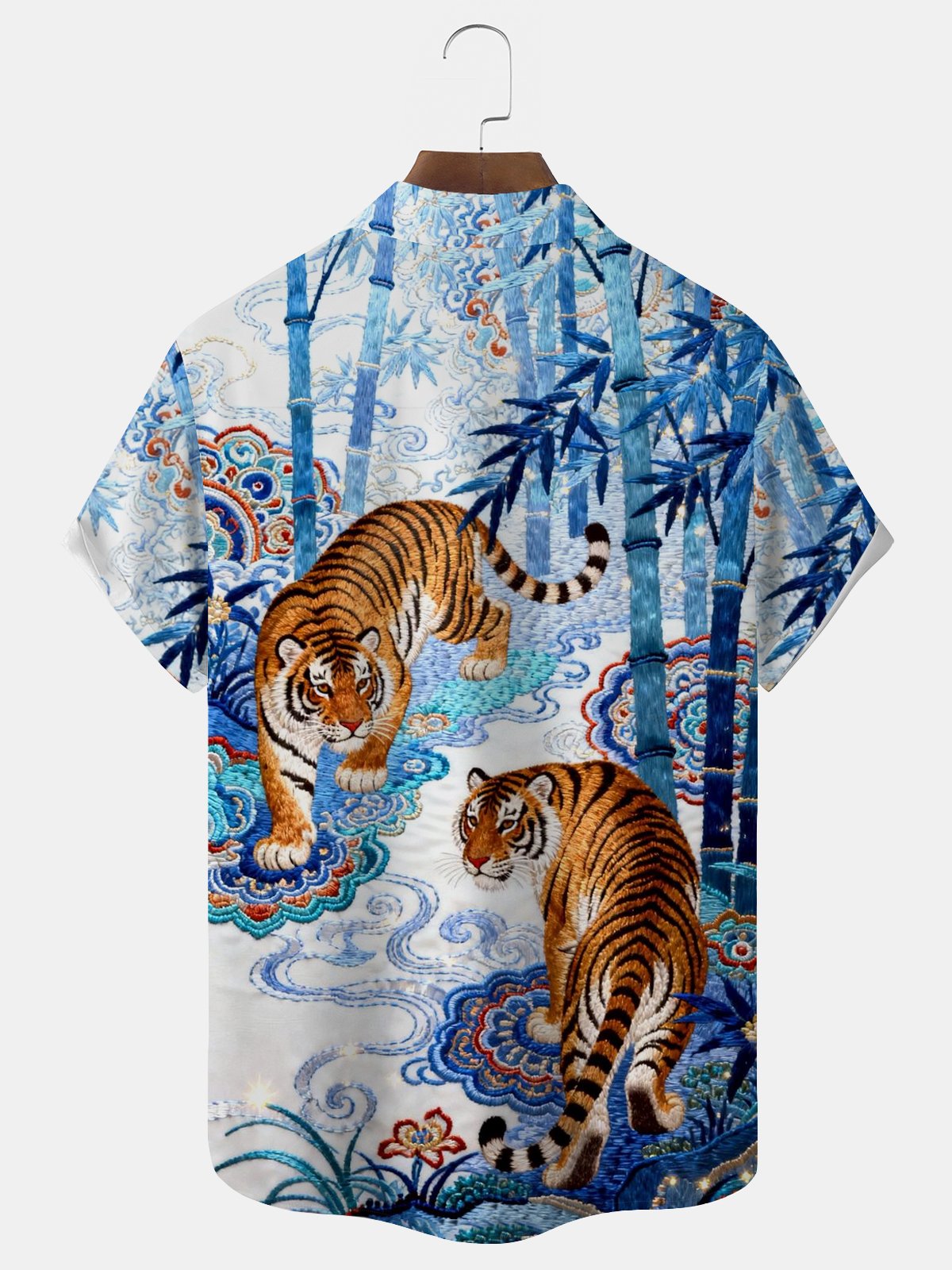 Royaura® Retro Embroidered Tiger Print Men's Button Pocket Hawaiian Short-Sleeve Shirt Big & Tall