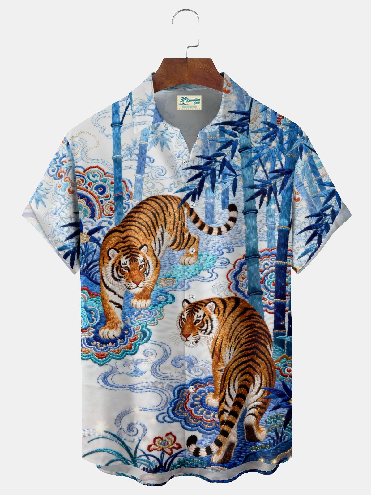 Royaura® Retro Embroidered Tiger Print Men's Button Pocket Hawaiian Short-Sleeve Shirt Big & Tall