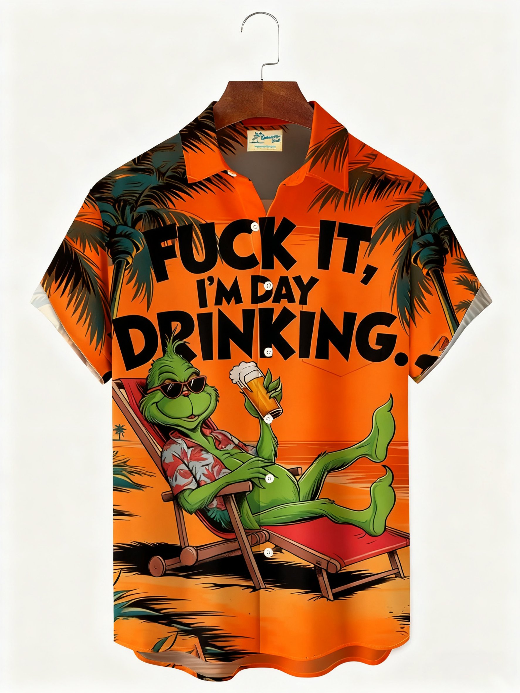 Royaura® Retro Cartoon Green Monster Vacation Print Men's Button Pocket Short-Sleeve Hawaiian Shirt Big & Tall