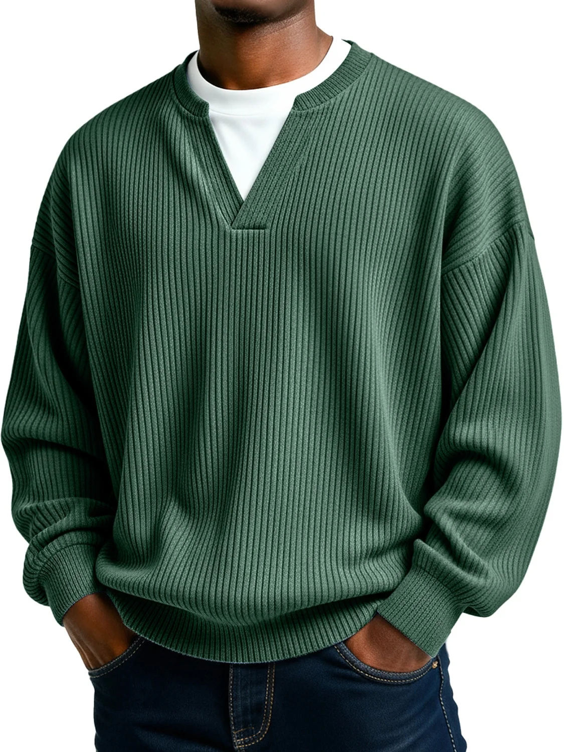 Royaura® Ribbed Striped Men's Crew Neck V-Neck Long Sleeve T-Shirt Big & Tall