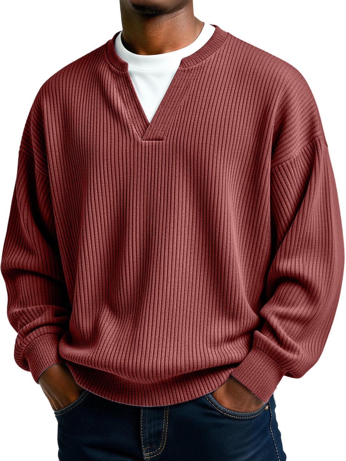 Royaura® Ribbed Striped Men's Crew Neck V-Neck Long Sleeve T-Shirt Big & Tall