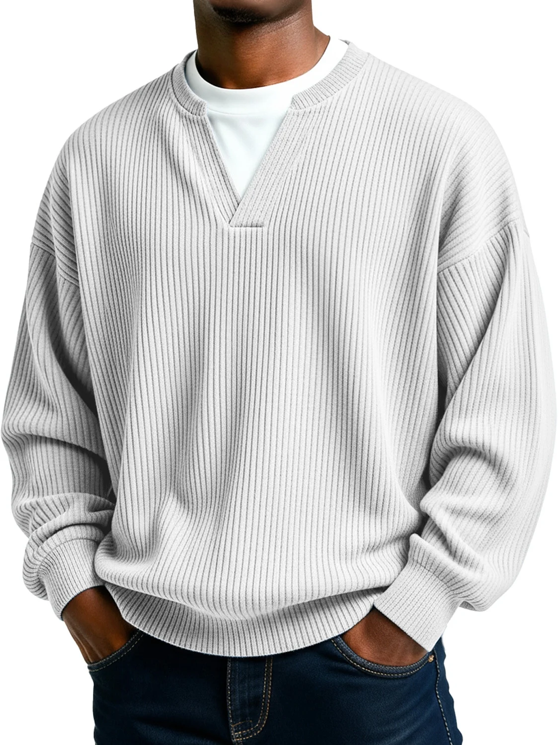 Royaura® Ribbed Striped Men's Crew Neck V-Neck Long Sleeve T-Shirt Big & Tall