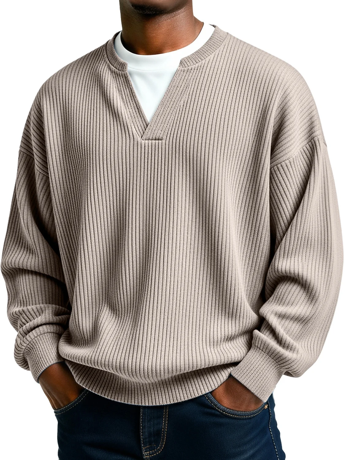 Royaura® Ribbed Striped Men's Crew Neck V-Neck Long Sleeve T-Shirt Big & Tall