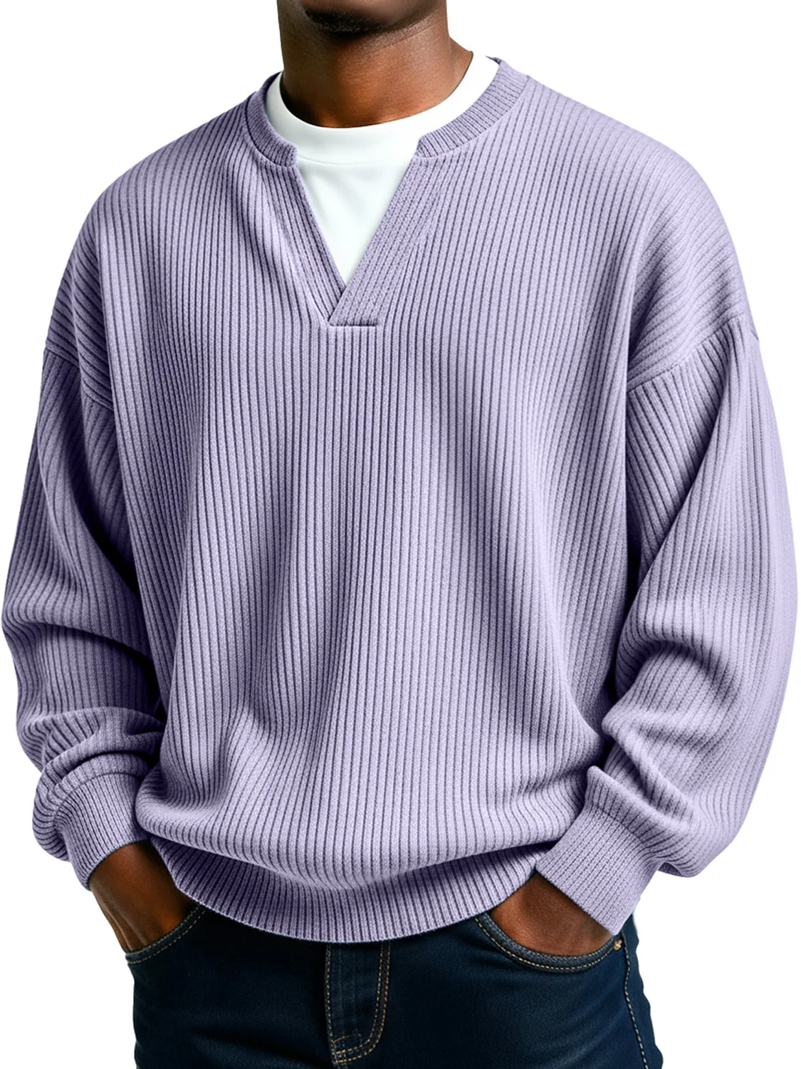 Royaura® Ribbed Striped Men's Crew Neck V-Neck Long Sleeve T-Shirt Big & Tall