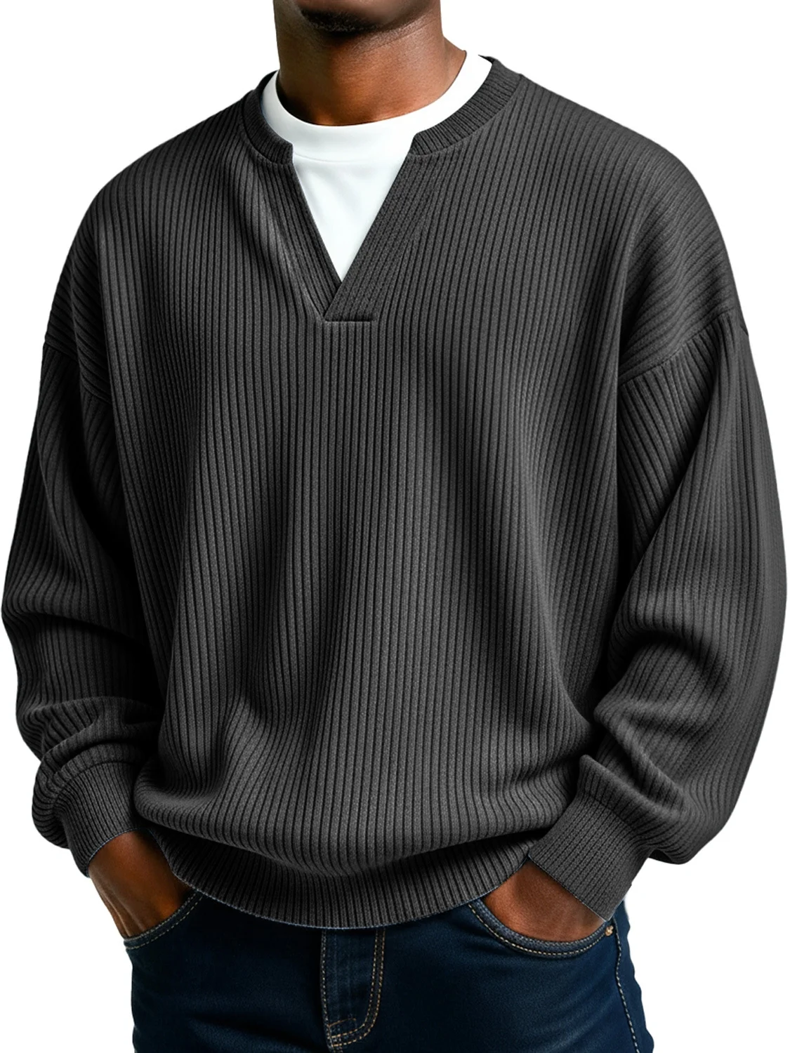 Royaura® Ribbed Striped Men's Crew Neck V-Neck Long Sleeve T-Shirt Big & Tall