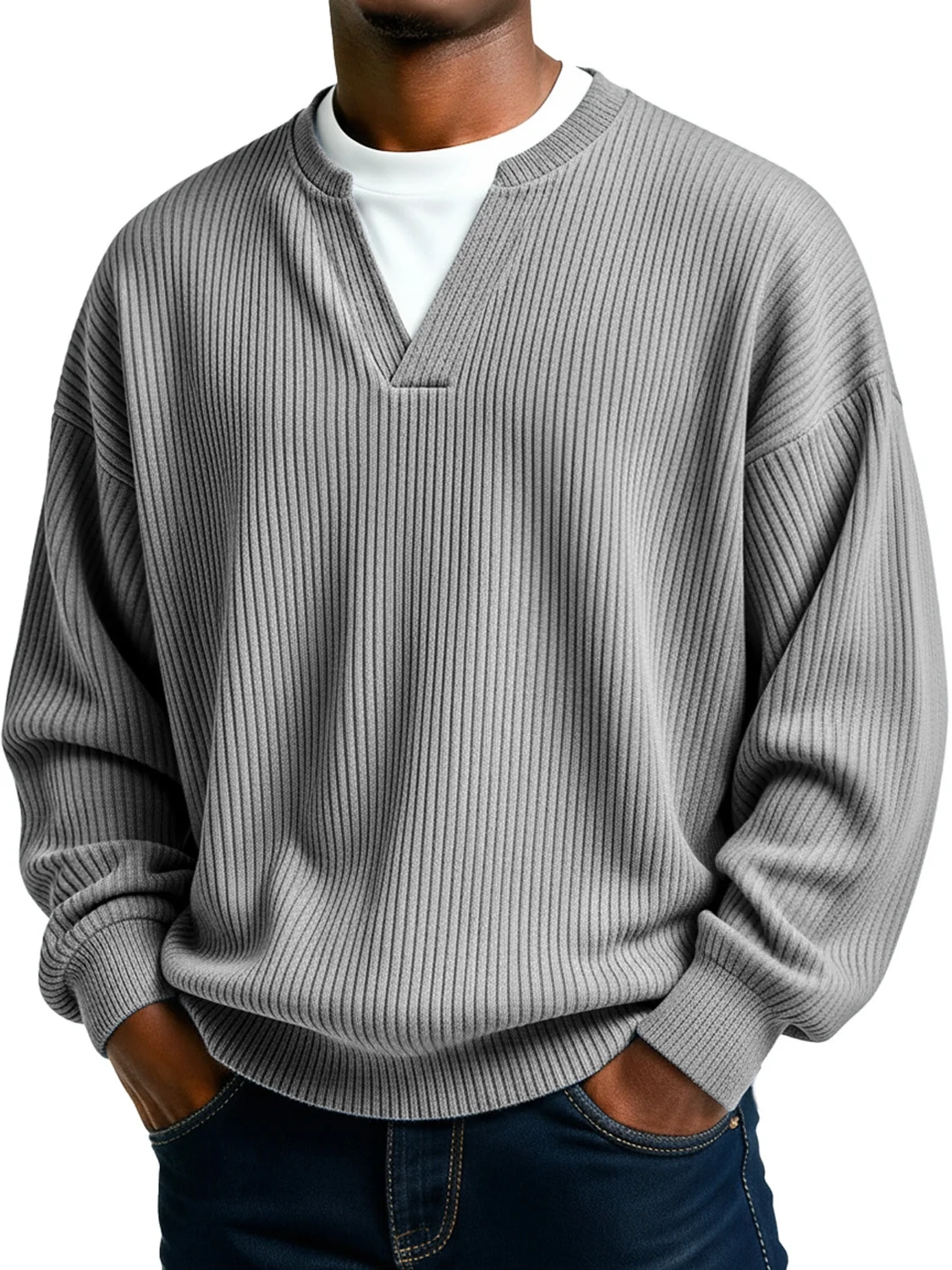 Royaura® Ribbed Striped Men's Crew Neck V-Neck Long Sleeve T-Shirt Big & Tall