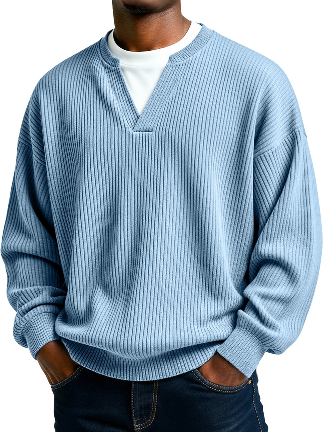 Royaura® Ribbed Striped Men's Crew Neck V-Neck Long Sleeve T-Shirt Big & Tall