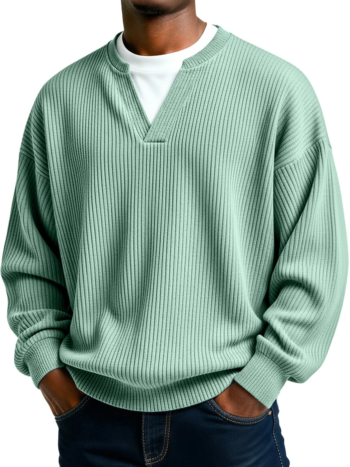 Royaura® Ribbed Striped Men's Crew Neck V-Neck Long Sleeve T-Shirt Big & Tall