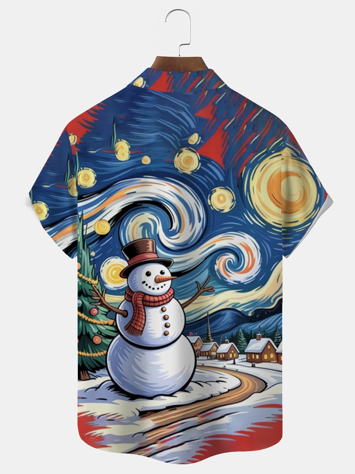 Royaura® Artistic Snowman Gradient Oil Painting Print Men's Button-Up Hawaiian Short-Sleeve Shirt Big & Tall