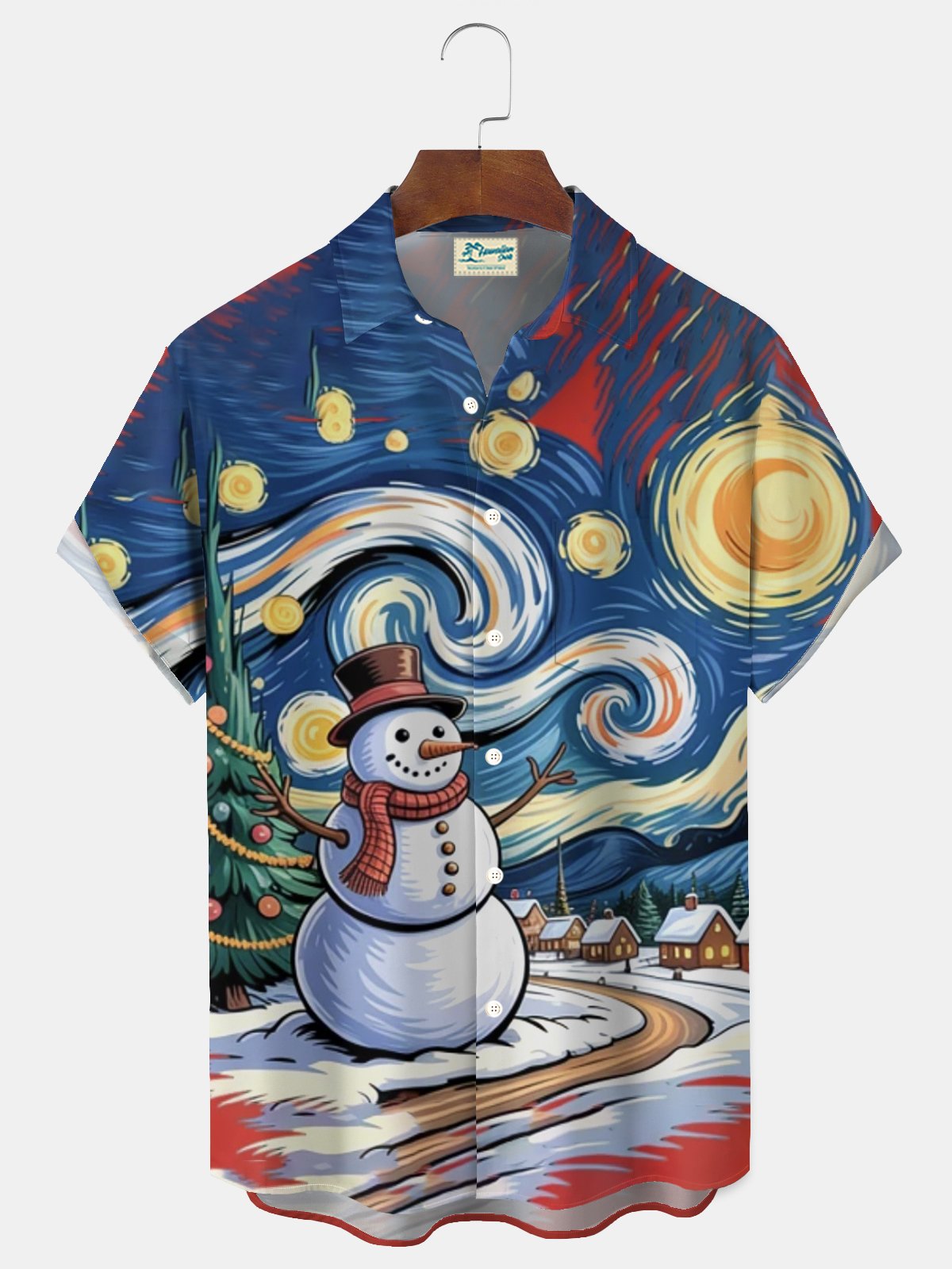 Royaura® Artistic Snowman Gradient Oil Painting Print Men's Button-Up Hawaiian Short-Sleeve Shirt Big & Tall