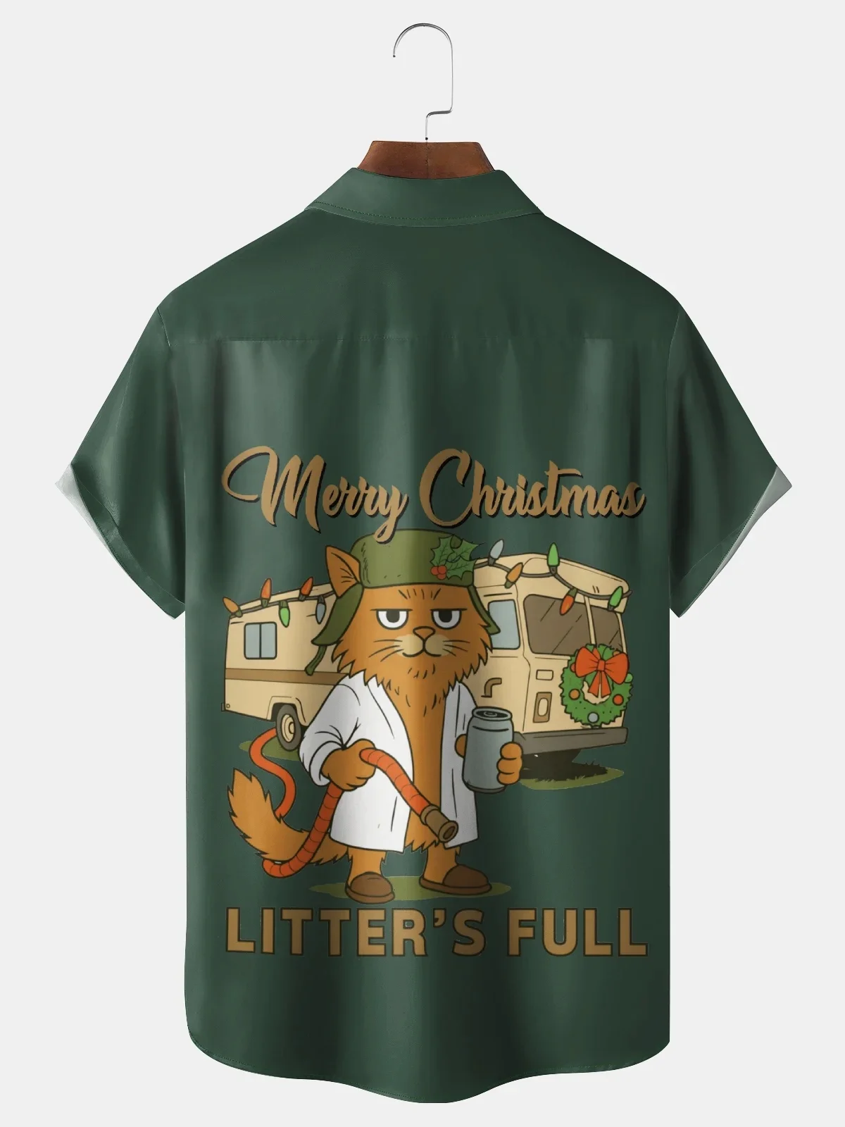 Royaura® Retro Holiday Christmas Cartoon Cats Car Print Men's Button Pocket Short Sleeve Shirt Big & Tall